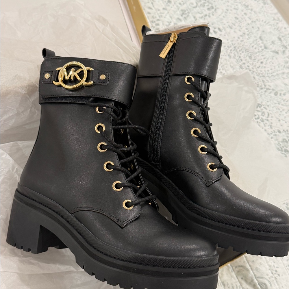 Michael Kors Black Lace-Up Boots with Gold Accents - Picture 2 of 9
